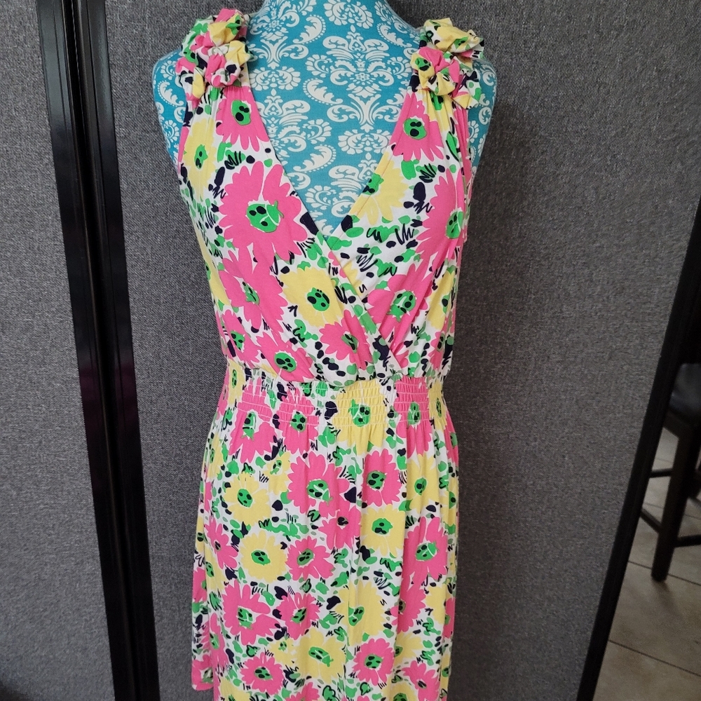 Lilly Pulitzer Pink Yellow Green Floral Wrap-Style Midi Dress
